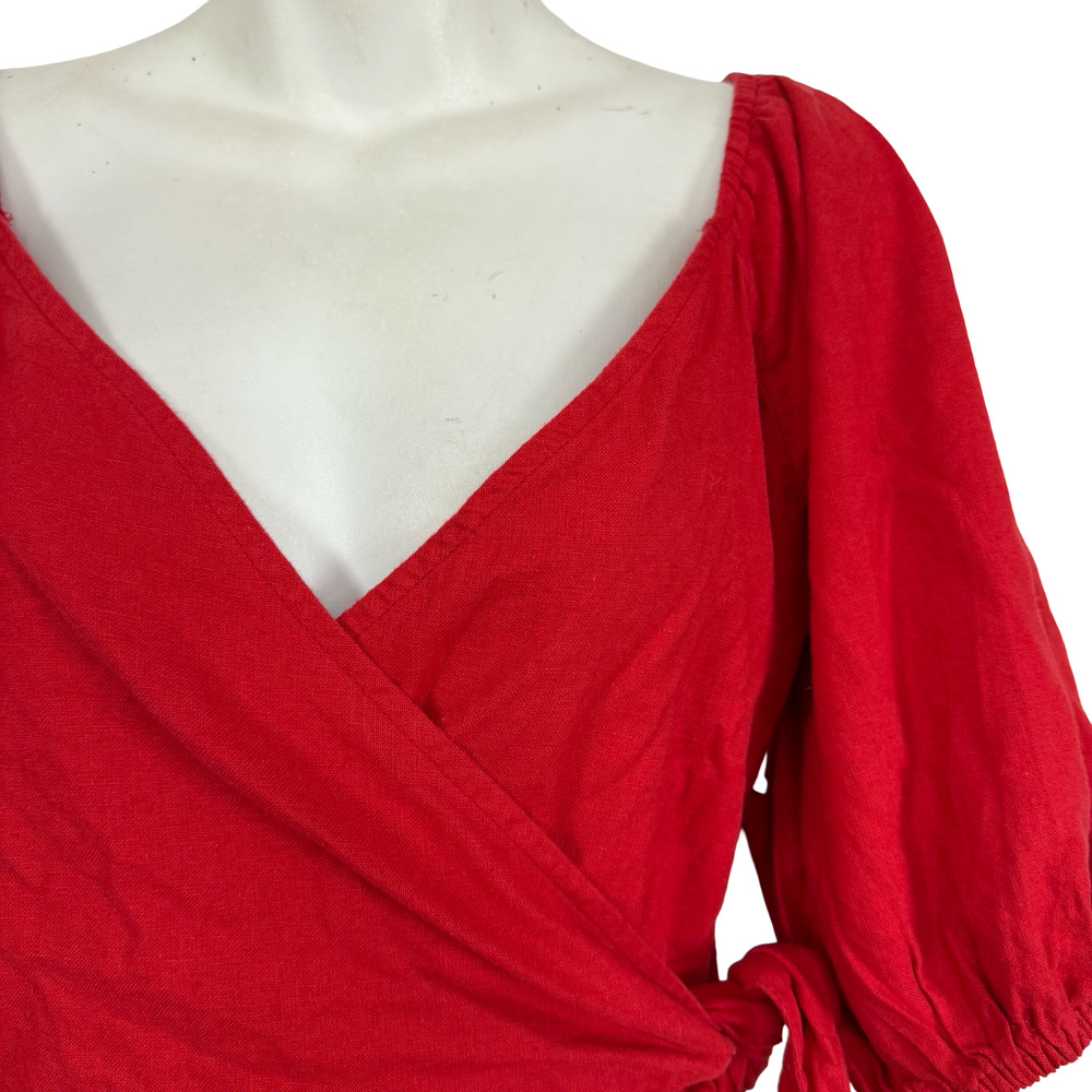 Abercrombie & Fitch Red Linen Puff Sleeve Wrap Smocked Mini Dress NWT sz L Tall - Picture 5 of 16